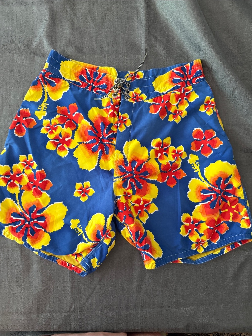 Birdwell Blue Swim Board Shorts with Yellow & Red Floral Print